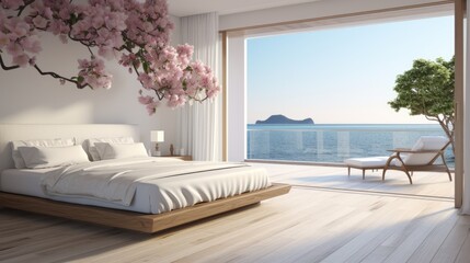 Beautiful bedroom with blooming flowers and an ocean view. Composition of house interior decor with light pink flowers. Luxury bedroom with flourishing rose colored flowers. - 747086152