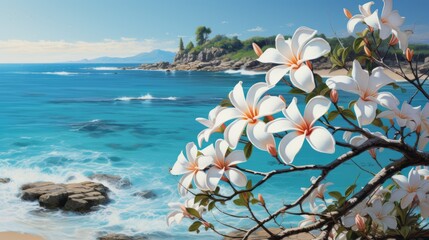 Illustration of blooming plumeria on the background of a beautiful rocky coast on bright summer day. Colorful art of flourishing flowers with a blue ocean view. Painting of spring flowers by the beach - 747086155