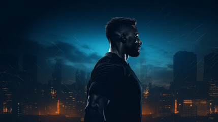 Silhouette of a muscular man standing in a city at night. Strong man with midnight city lights on the background.  Guy standing in front of the night town.