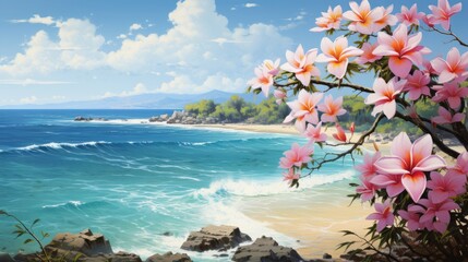 Illustration of blooming plumeria on the background of a beautiful rocky coast on bright summer day. Colorful art of flourishing flowers with a blue ocean view. Painting of spring flowers by the beach - 747086160