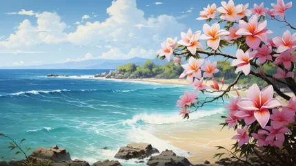 Rollo Illustration of blooming plumeria on the background of a beautiful rocky coast on bright summer day. Colorful art of flourishing flowers with a blue ocean view. Painting of spring flowers by the beach © Valua Vitaly