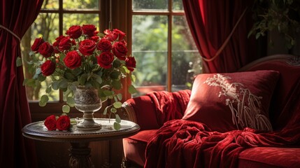 Bouquet of beautiful red roses in a royal palace. Bright blooming roses in a luxury vase.  Red house interior decorated by vivid red roses in an expensive decorative vase. Kings palace with flowers.