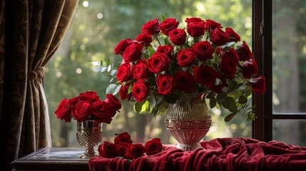 Bright blooming roses in a luxury vase. Bouquet of beautiful red roses in a royal palace. Red house interior decorated by vivid red roses in an expensive decorative vase. Kings palace with flowers.