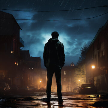 Art of a dark silhouette of a man standing in a city at night on a rainy day. Illustration of a man with midnight city lights on the background. Fantasy Painting of a man standing in the night town.