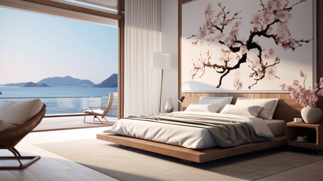 Beautiful bedroom with blooming flowers and an ocean view. Composition of house interior decor with light pink flowers. Luxury bedroom with flourishing rose colored flowers.