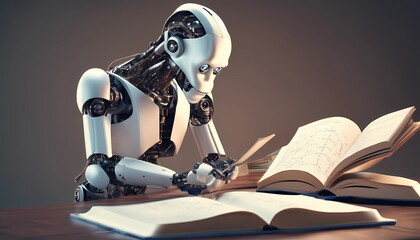 3d illustration of robot hominoid reading book and solving math data analytics in concept of future - obrazy, fototapety, plakaty