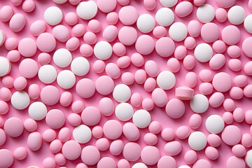 Tablet Candies on Pink Texture Background, Compressed Sugar Powder Confectionery Pattern