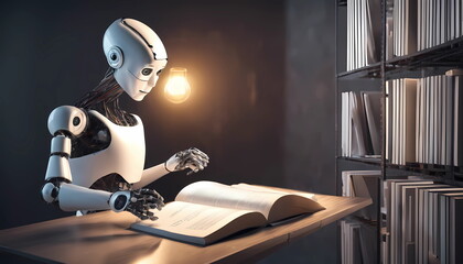 3d illustration of robot hominoid reading book and solving math data analytics in concept of future - obrazy, fototapety, plakaty