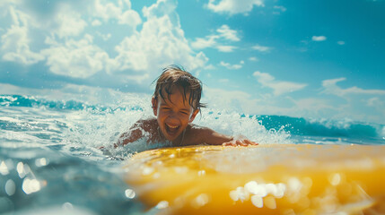 kid try surfing in the sea - obrazy, fototapety, plakaty
