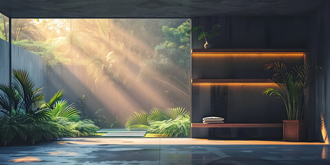 a bright and airy room with a lush green plant wall and a large window Ai Generated
