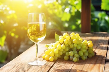 White Wine Glass on Ripe Bunch of Grapes Background in Sunny Day, Wineglass with Drink