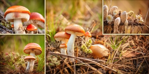 Wild Edible Mushrooms Collage. Various Mushroom Hunting Photo Collection - obrazy, fototapety, plakaty