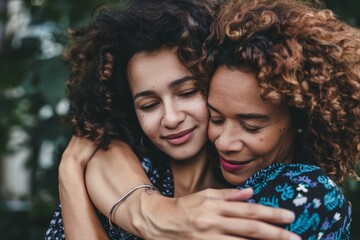 Obraz premium Two Women Embracing Each Other Outside. Generative AI