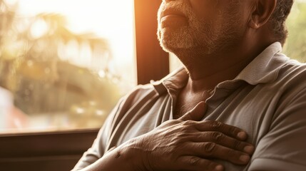 Acid Reflux After a Meal - An individual leaning back, hand on their chest, experiencing the discomfort of acid reflux after eating.  - obrazy, fototapety, plakaty