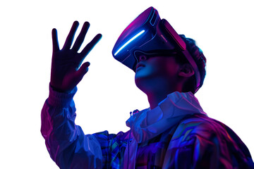 An individual immersed in a virtual reality simulation, wearing a VR headset and gesturing with a hand
