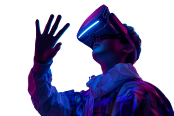 An individual immersed in a virtual reality simulation, wearing a VR headset and gesturing with a hand
