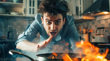 Fotobehang Burn Pain from Cooking - A cook accidentally touching a hot pan, recoiling with a pained expression as they assess the burn.  © RDO