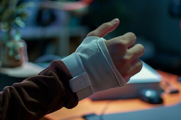 Carpal Tunnel Syndrome Symptoms - A person wearing a wrist brace, pausing their work to flex their fingers and relieve the numbness. 