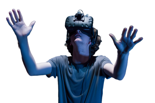 An individual immersed in a virtual reality simulation, wearing a VR headset and gesturing with a hand
