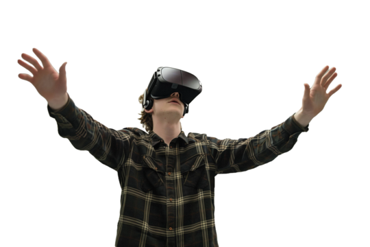 An individual immersed in a virtual reality simulation, wearing a VR headset and gesturing with a hand
