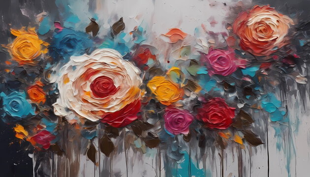 Colorful modern artwork, flowers and roses,abstract paint strokes, oil painting on canvas. Acrylic