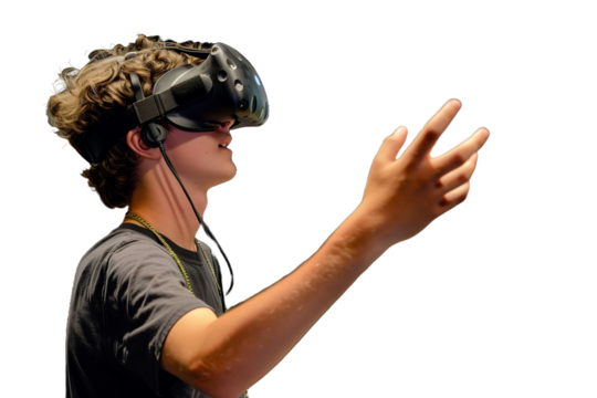 An individual immersed in a virtual reality simulation, wearing a VR headset and gesturing with a hand

