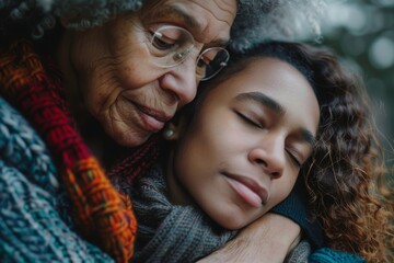 Obraz premium Older Woman Hugging Younger Woman. Generative AI