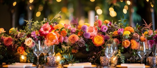 Elegant Table Setting with Floral Bouquet and Ambient Candles for Romantic Dinner