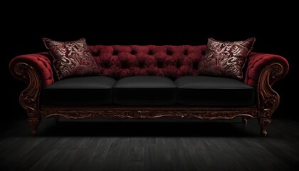 Red and black vintage wood sofa with damask cushions isolated on dark and black backgound
