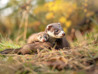 Mother ferret with her child explore their surroundings.