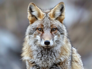 Naklejka na ściany i meble Close-up of a coyote with intense gaze and detailed fur, against a soft natural backdrop.