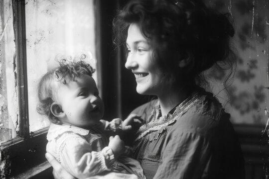 Reminiscing love, black and white photos nostalgic memories of a loving family, glimpse into the past, tender moments between a mom and her baby, heartfelt emotions