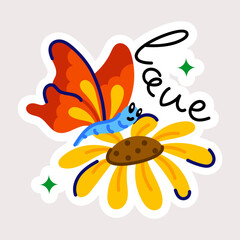 Butterfly feeding flower nectar, trendy flat sticker 