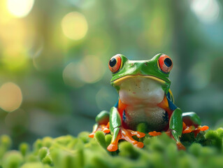 A tree frog sitting on a bright green grass, with a soft focus background. - Powered by Adobe