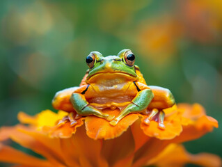 A tree frog sitting on a bright orange flower, with a soft focus background.