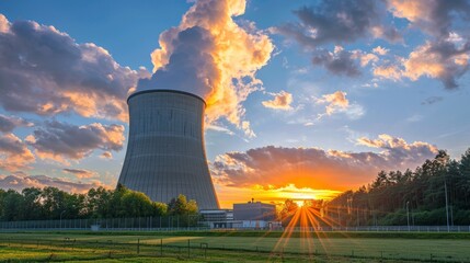 Nuclear power plant surrounded by green fields in a picturesque landscape environment