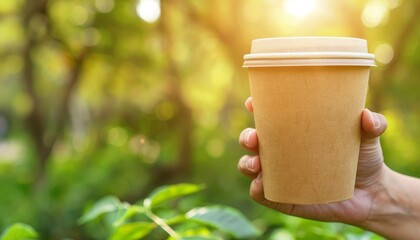 Female hand holding a paper coffee cup mockup on a blurred background with space for text placement