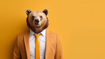 Anthropomorphic bear in business attire pretending to work in corporate setting with copy space. - obrazy, fototapety, plakaty