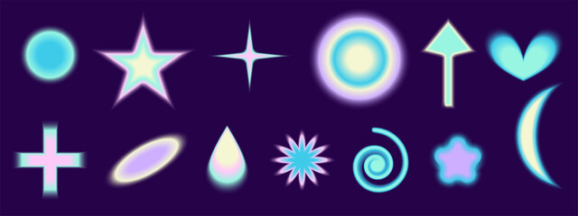 Gradient Y2k shape blur set. Flower, star, heart blurry aesthetic y2k. Vector pastel form illustration. Aura gradient shape