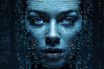 portrait of a woman with 3D cubes and shapes, and particles around her face, symbol of augmented reality and computer technologies of future, concept of cybernetics, biomechanics and robotics