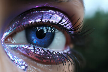 close view of woman's eye with purple decorative art makeup on her face - obrazy, fototapety, plakaty