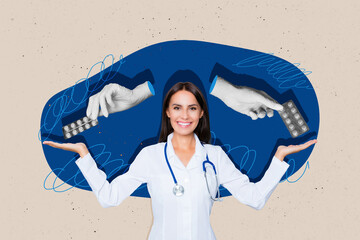 Creative poster collage of female doctor hands hold pills illness prevention wellbeing healthy...