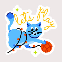 Beautiful designed flat sticker of cat playing with ball 