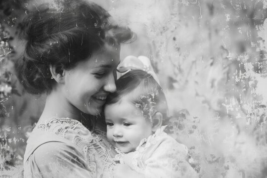 Reminiscing love, black and white photos nostalgic memories of a loving family, glimpse into the past, tender moments between a mom and her baby, heartfelt emotions