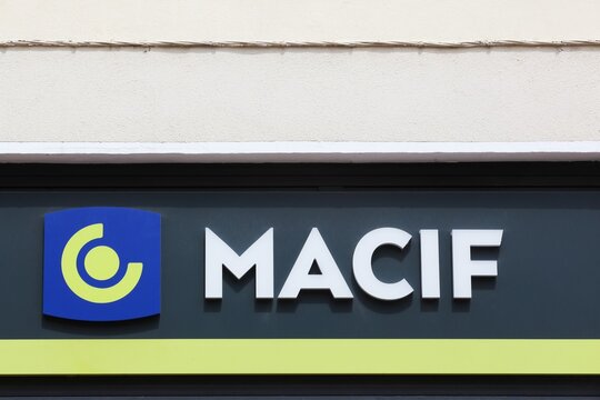 Bourg, France - July 26, 2023: Macif logo on a building. The Macif Group accompanies its policyholders throughout life. It insures their property, their health, retirement, savings and banking	