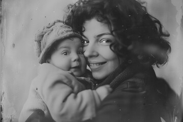 Reminiscing love, black and white photos nostalgic memories of a loving family, glimpse into the past, tender moments between a mom and her baby, heartfelt emotions