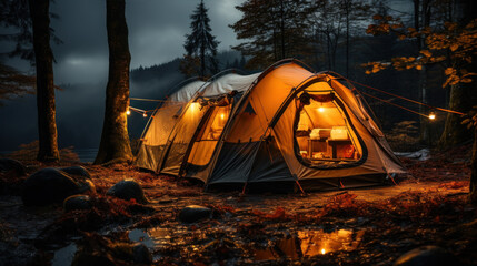 Tents and camping in the middle of the forest, evening light
