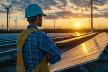 A silhouette technician constructing a solar panel factory among a wind farm using renewable energy sources for an environmentally friendly and sustainable power solution.