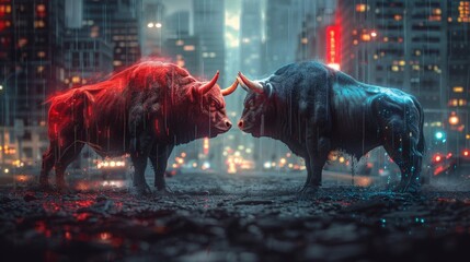 Two bulls a duel confrontation strong fight or competition against backdrop city. - obrazy, fototapety, plakaty
