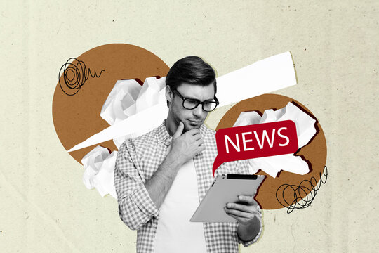 Composite image collage 3d sketch artwork of serious thoughtful male reader editor hold tablet find latest news exclusives isolated on painted background